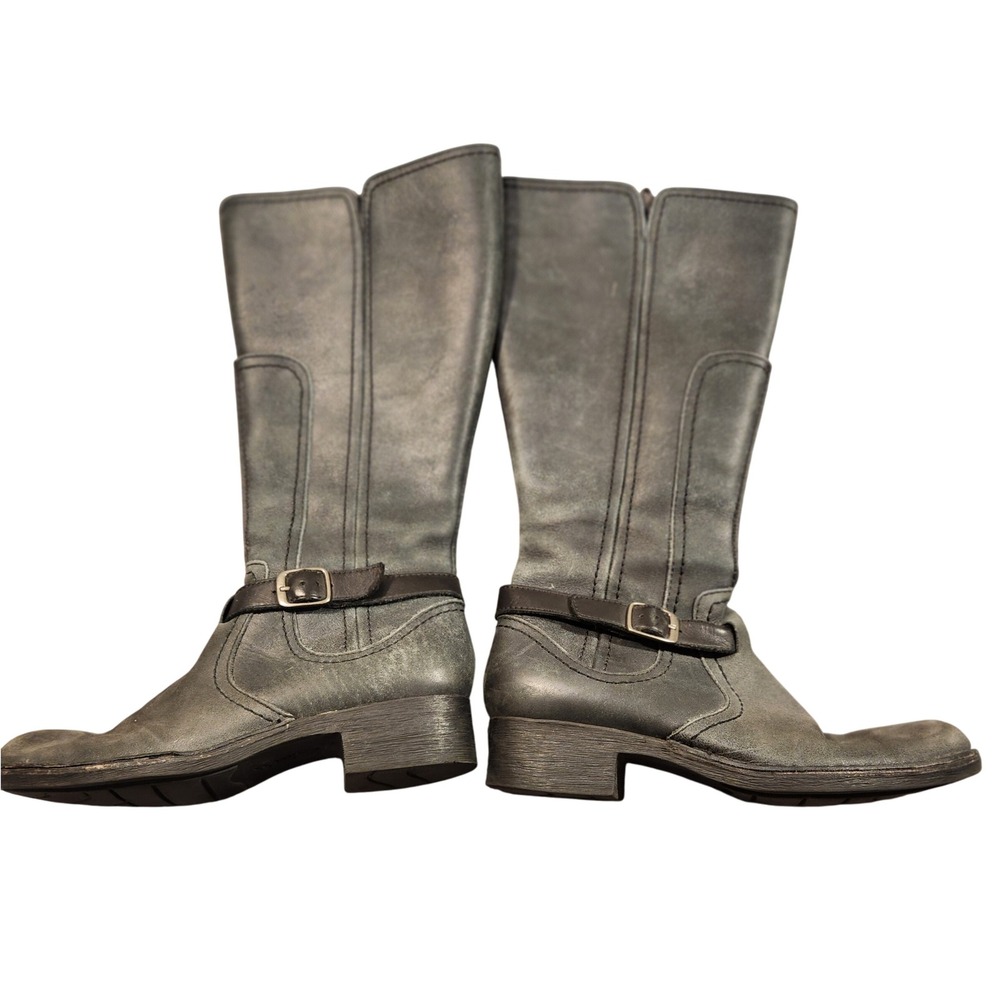 Clarks Leather Riding Boots Women's Size 7M Gray Motorcycle Knee High Buckle